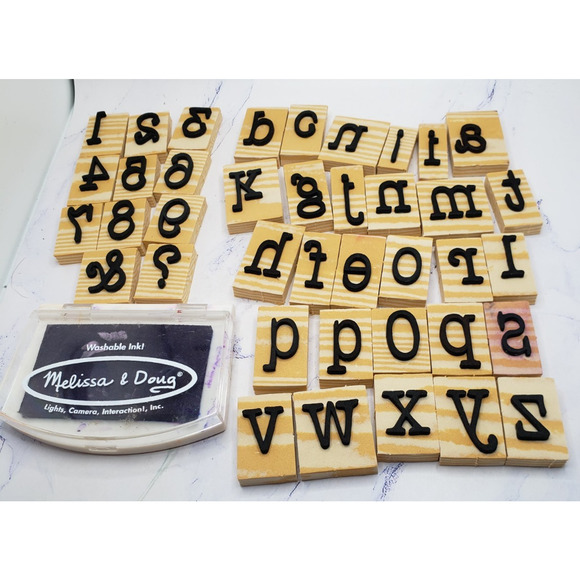 Lot of 30+ Random Letters and Numbers Wood Mounted Felt Stamps With Ink - Picture 1 of 9